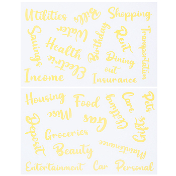 PVC Self Adhesive Decorative Stickers, Waterproof Word Decals for DIY Scrapbooking, Art Craft, Gold, 187~190x120x0.3mm, Stickers: 25~86x18.5~19.5mm, 2 sheets/set