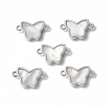 Brass Connector Charms, with Freshwater Shell, Nickel Free, Butterfly Links, Platinum, 10x16.5x3mm, Hole: 1.2mm