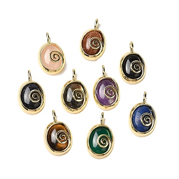 Natural & Synthetic Mixed Gemstone Oval Pendants, Ion Plating(IP) Golden Plated Brass Vortex Charms, Mixed Dyed and Undyed, 24x14x6mm, Hole: 4.5x2.5mm