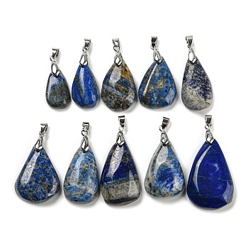 Natural Lapis Lazuli Pendants, Teardrop Charms with Platinum Plated Brass Pinch Bails, 23~41x14~26x5.5~9mm, Hole: 6x4mm