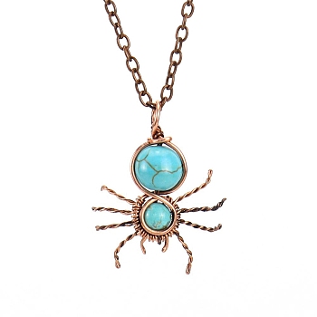 Synthetic Turquoise Spider Pendant Necklaces, with Red Copper Brass Chains, 20.87 inch(53cm)