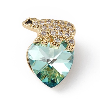 Real 18K Gold Plated Rack Plating Brass Micro Pave Clear Cubic Zirconia Pendants, with Glass, Long-Lasting Plated, Cadmium Free & Lead Free, White Bear & Heart Charm, Turquoise, 17x13x9mm, Hole: 4x1.5mm