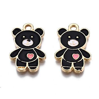 Alloy Pendants, with Enamel, Cadmium Free & Lead Free, Light Gold, Bear with Heart, Black, 19.5x13x1.5mm, Hole: 2mm