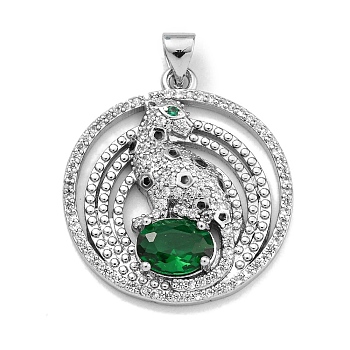 Brass Micro Pave Cubic Zirconia Pendants, with Enamel, Ring with Leopard Charms, Platinum, 27.5x24.5x4mm, Hole: 4x3.5mm