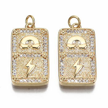 Brass Micro Pave Clear Cubic Zirconia Pendants, Nickel Free, Rectangle with Rainbow & Lighting, Real 18K Gold Plated, 25x23x3mm, Jump Ring: 5x0.7mm, 3mm inner diameter