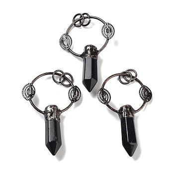 Natural Obsidian Faceted Pointed Bullet Big Pendants, Brass Ring Charms with Eye & Jump Rings, Red Copper, 55~58x37x9~10mm, Hole: 6.6mm