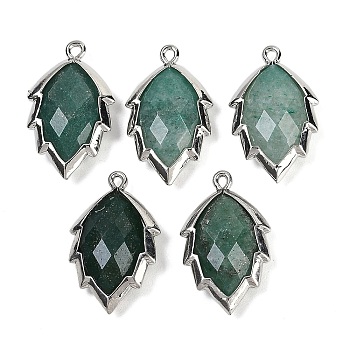 Natural Green Aventurine Faceted Leaf Pendants, Rack Plating Brass Charms, Platinum, 23x13.5x5.5mm, Hole: 1.2mm