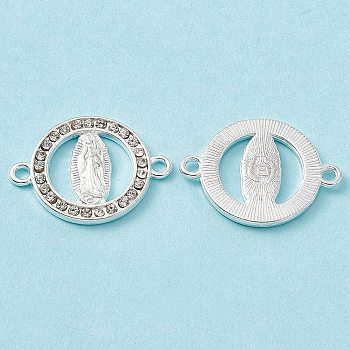Religion Alloy Connector Charms, with Crystal Rhinestone, Flat Round Links with Virgin Pattern, Silver, 18x24x2mm, Hole: 1.8mm