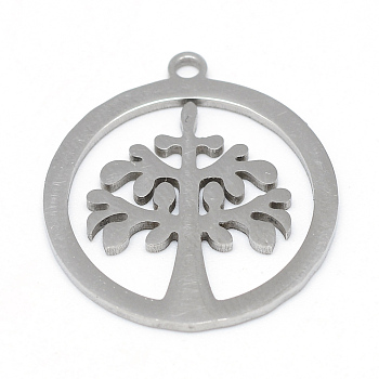 201 Stainless Steel Pendants, Flat Round with Tree of Life, Stainless Steel Color, 22x20x1mm, Hole: 2mm