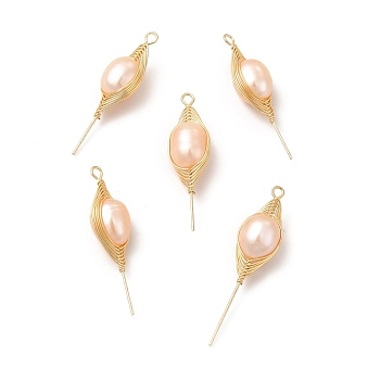 Natural Pearl Pendants, Flower Charm, with Brass Wire Wrapped, Real 14K Gold Plated, 35x9.5x8.5mm, Hole: 2mm
