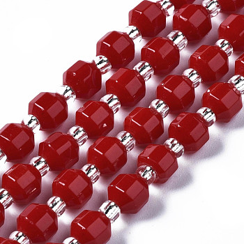 Natural White Jade Beads Strands, with Seed Beads, Faceted, Dyed, Polygon, Red, 5x5.5mm, Hole: 1.2mm, about 53pcs/strand, 14.96 inch(38cm)