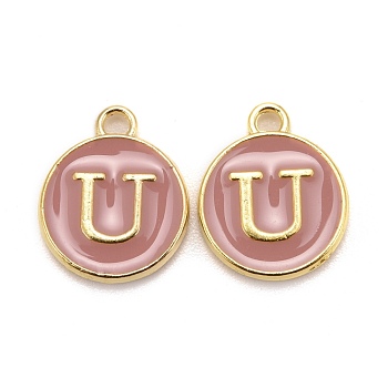 Golden Plated Alloy Enamel Charms, Cadmium Free & Lead Free, Enamelled Sequins, Flat Round with Letter, Pink, Letter.U, 14x12x2mm, Hole: 1.5mm