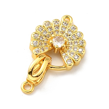 Rack Plating Brass Micro Pave Clear Cubic Zirconia Fold Over Clasps, Cadmium Free & Lead Free, Long-Lasting Plated, Flower, Golden, 27.5mm, Hole: 1.2~1.8mm