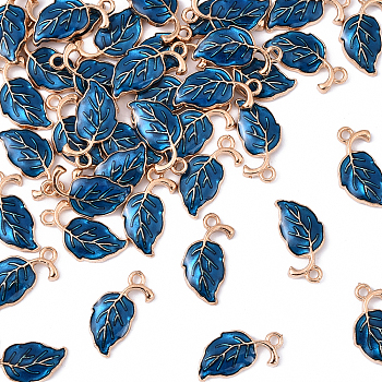 40Pcs Alloy Enamel Pendants, Leaf, Light Gold, Blue, 20x10x2mm, Hole: 1.6mm, 40pcs/set
