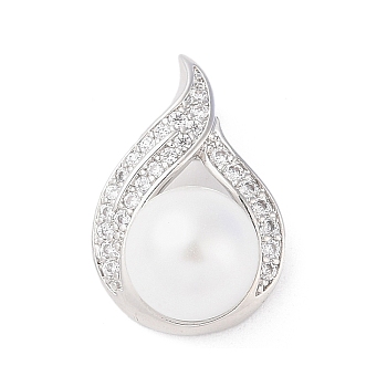 Brass Micro Pave Cubic Zirconia Pendants, with Plastic Imitation Pearl, Teardrop, White, 21x14.5x10.5mm, Hole: 3x5mm