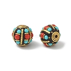 Brass & Resin & Polymer Clay Beads, Round, Golden, Red, 16.5~18x17mm, Hole: 1.6~1.8mm(PY-CBAE318-06A)