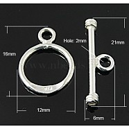 Sterling Silver Toggle Clasps, Ring: 16x12mm, Bar: 21x6mm, Hole: 2mm(X-STER-A008-37)