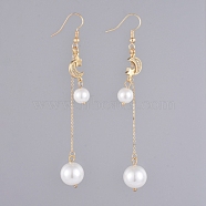 Dangle Earrings, with Glass Pearl Round Beads, Brass Micro Pave Cubic Zirconia Links, Brass Cable Chains and Earring Hooks, with Cardboard Packing Box, Moon and Star, Real 18K Gold Plated, 90mm, Pin: 0.6mm(EJEW-JE03962)