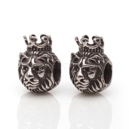304 Stainless Steel European Beads, Large Hole Beads, Lion with Crown, Antique Silver, 13.5x9.5x11.5mm, Hole: 5mm(STAS-I134-21AS)