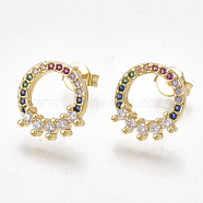 Brass Micro Pave Cubic Zirconia Ear Studs, with Ear Nuts, Ring, Golden, 12x11mm, Pin: 0.7mm(EJEW-S201-99)