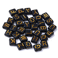 Acrylic Multi-Strand Links, for Tile Elastic Bracelets Making, Rectangle with Mixed Golden Plated Letter, Black, 8.5x7.5x4mm, Hole: 1.5mm(X-MACR-S273-56A-G)