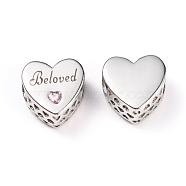 304 Stainless Steel European Beads, Large Hole Beads, with Rhinestone, Heart with Word Beloved, For Valentine's Day, Antique Silver, 11x11x6mm, Hole: 4mm(STAS-O097-29AS)