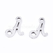 201 Stainless Steel Charms, Laser Cut, Alphabet, Stainless Steel Color, Letter.A, 10.5x8x1mm, Hole: 1.4mm(STAS-T044-217P-A)