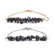 2Pcs 2 Color Natural Obsidian Chip Beaded Link Bracelets Set with 304 Stainless Steel Cable Chains, Gemstone Jewelry for Women, 7-1/2 inch(19cm)(BJEW-JB07914-01)