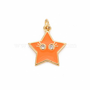 Brass Micro Pave Clear Cubic Zirconia Pendants, with Enamel & Jump Ring, Cadmium Free & Nickel Free & Lead Free, Star Smiling Face, Real 16K Gold Plated, Dark Orange, 19x17x2mm, Jump Ring: 5x1mm, 3mm inner diameter(ZIRC-S067-065G-NR)