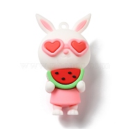 PVC Plastic Cartoon Big Pendants, Rabbit Charms, for DIY Keychain Making, Pink, 57.2x32x25mm, Hole: 2.5mm(PVC-Q095-04A)