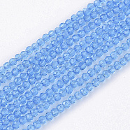 Electroplate Transparent Glass Beads Strands, Faceted, Round, Light Sky Blue, 2x2x2mm, Hole: 0.5mm, about 198pcs/Strand, 14.57 inch(37cm) (X-EGLA-N002-03E)