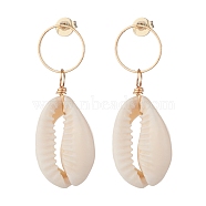 Ring with Natural Cowrie Shell Long Dangle Stud Earrings for Women, Golden, Seashell Color, 40mm, Pin: 0.5mm(EJEW-JE04745-01)