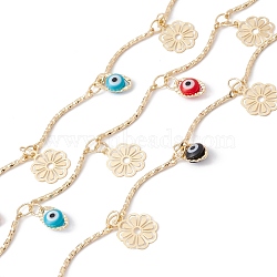Handmade Eco-friendly Brass Curved Bar Link Chain, with Flower & Glass Horse Eye Charms, Real 18K Gold Plated, Lead Free & Cadmium Free, Soldered, with Spool, Colorful, 18x1x1mm(CHC-E025-37G)