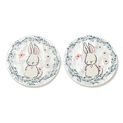 Opaque Acrylic Pendants, Flat Round with Rabbit, White, 37.5x2.5mm, Hole: 1.6mm(BACR-D002-10A)