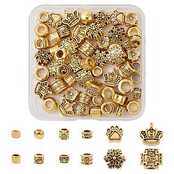 60Pcs 12 Style Tibetan Style Alloy European Beads, Large Hole Beads, Mixed Shapes, Antique Golden, 7~12x4.5~13x4.5~9.5mm, Hole: 4.1~6mm, 5pcs/style(FIND-FS0001-80)