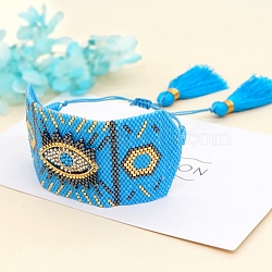 Friendship Eye Loom Pattern Seed Beads Bracelets for Women, Adjustable Tassel Nylon Cord Braided Bead Bracelets, Dodger Blue, 11 inch(28cm), 40mm(BJEW-Z013-15C)