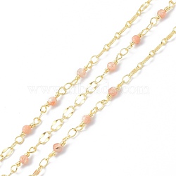 Brass & Natural Sunstone Handmade Beaded Chain, with Spool, Long-Lasting Plated, Soldered, 9.5x3.5mm, about 10.93 yards(10m)/roll(CHC-D029-15G-08)