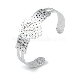 Non-Tarnish 304 Stainless Steel Hollow Leaf Open Cuff Bangles for Women, Stainless Steel Color, Inner Diameter: 2 inch(5cm), 30mm(BJEW-U002-07P)