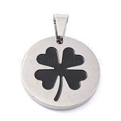 304 Stainless Steel Pendants, with Enamel, Polishing, Flat Round with Clover, Stainless Steel Color, 25x3mm, Hole: 7.5x5mm(STAS-Z027-04A-P)