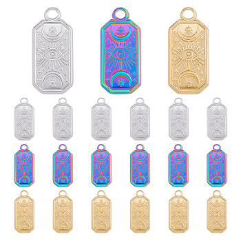 18Pcs 3 Colors 304 Stainless Steel Pendants, Rectangle with Moon & Eye, Mixed Color, 23x11x2mm, Hole: 2mm, 6pcs/color