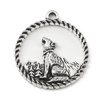 Alloy Pendants, Flat Round, Personality Accessories, Wolf, 24x21x2mm, Hole: 2mm