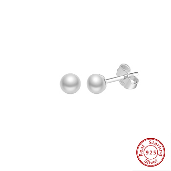 Round Natural Pearl Stud Earrings, 925 Sterling Silver Jewelry for Women, Real Platinum Plated, 15.5x6mm