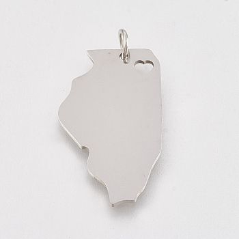 201 Stainless Steel Pendants, Map of Illinois, Stainless Steel Color, 28x17x1mm, Hole: 3mm