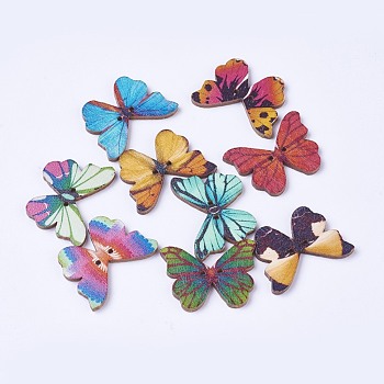 Wooden Buttons, 2-Hole, Dyed, Butterfly, Mixed Color, 20.5x28.2x2mm, Hole: 1.4mm