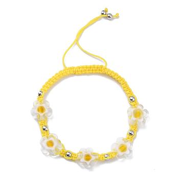 Adjustable Nylon Thread Braided Bead Bracelets, with Handmade Millefiori Glass Beads, Flower, Gold, Inner Diameter: 1-3/4~3-1/2 inch(4.5~9cm)