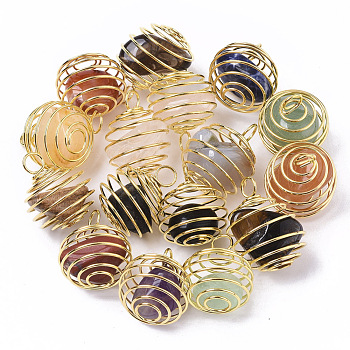 5Pcs Iron Wrap-around Spiral Bead Cage Pendants, with Mixed Gemstone Beads inside, Round, 21x24~26mm, Hole: 5mm