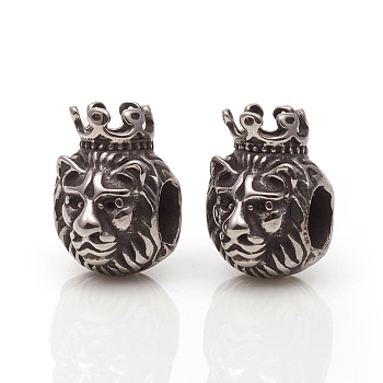304 Stainless Steel European Beads, Large Hole Beads, Lion with Crown, Antique Silver, 13.5x9.5x11.5mm, Hole: 5mm