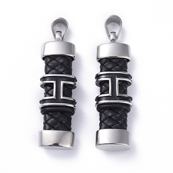 Imitation Leather Pendants, with 304 Stainless Steel Findings, Rectangle with Letter I, Black, Antique Silver & Stainless Steel Color, 54~55x16.5x10mm, Hole: 6x9mm