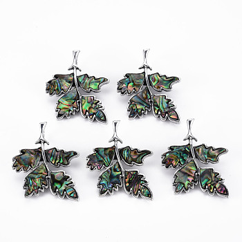 Leaf Shape Natural Abalone Shell/Paua Shell Brooch Pin, Alloy Lapel Pin for Backpack Clothing, Lead Free & Cadmium Free, Antique Silver, Colorful, 44~47x36~37x10mm, Hole: 6x4mm, Pin: 0.7mm