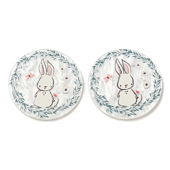 Opaque Acrylic Pendants, Flat Round with Rabbit, White, 37.5x2.5mm, Hole: 1.6mm